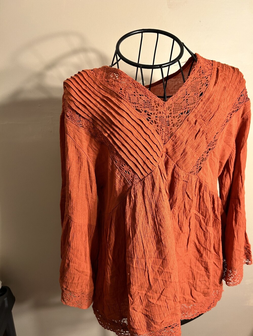 boho size medium womens shirt top long sleeved blouse orange